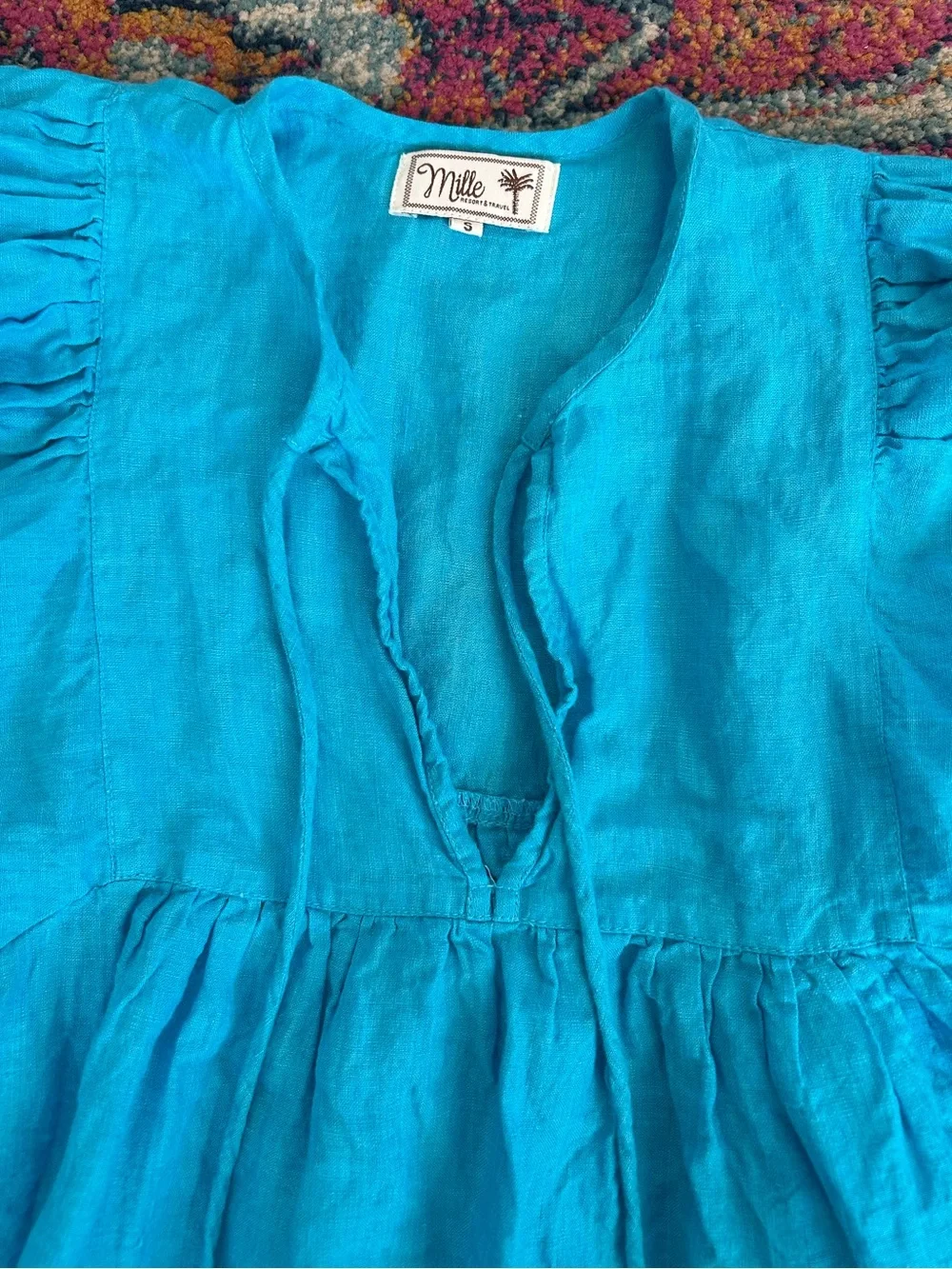 Mille | Women’s Teal Blue Linen Thalia V-Neck Tassel Tie Puff Sleeve Peasant Top